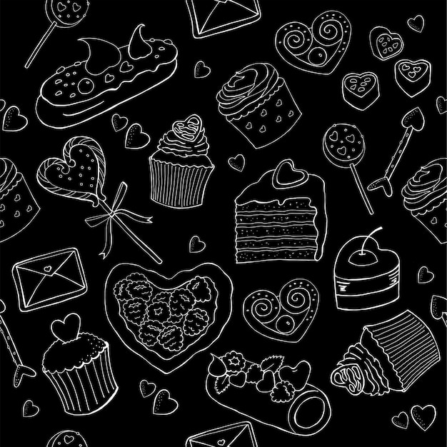 San valentino dolci e pasticceria sfondo nero senza soluzione di continuità illustrazione vettoriale