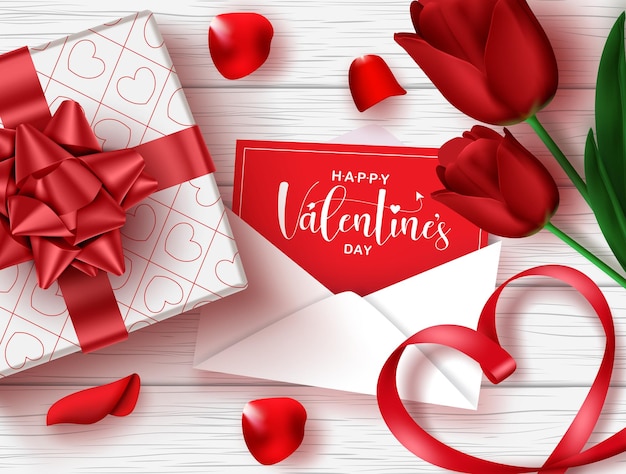 Valentines vector background design happy valentines day text in greeting card letter with tulips