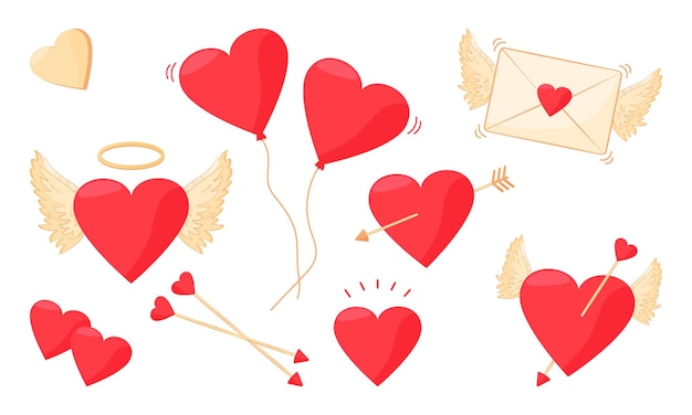 Valentines vector set icon. hearts, wings angel, arrow pierced heart. holiday illustration