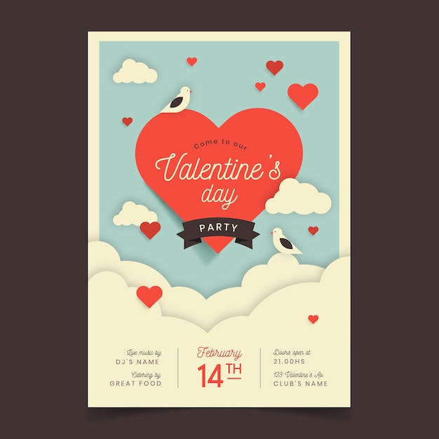 Vector valentiness day party flyer template with heart and clouds