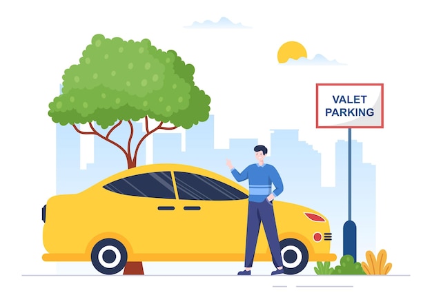 Valet parking with ticket image and multiple cars on public car park in flat cartoon illustration