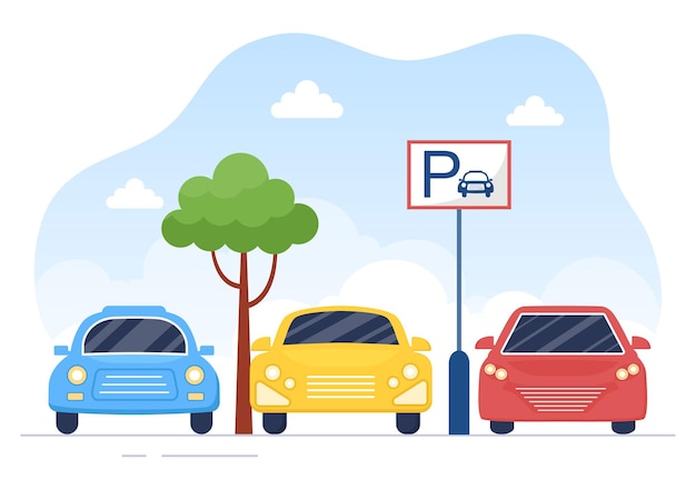 Vector valet parking with ticket image and multiple cars on public car park in flat cartoon illustration