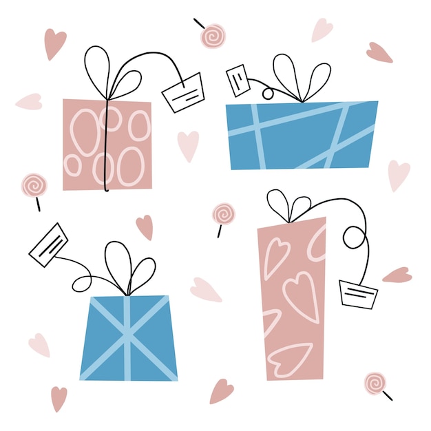 Valintine's Day pink and blue gift boxes with hearts and lollipops flat illustration set