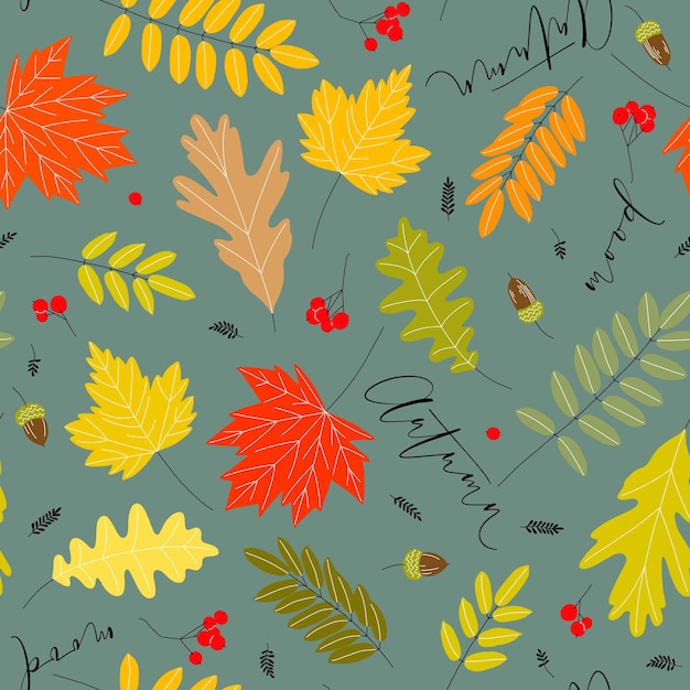 Vallende herfstbladeren bessen eikels en dunne script woorden herfst stemming naadloze patroon Vector illustratie achtergrond voor stoffen oppervlakken behang