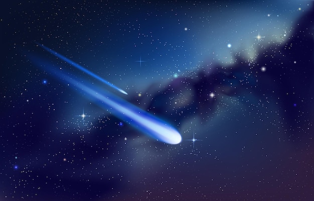Vallende ster achtergrond Realistische blauwe sterrenhemel met schietende komeet en nevel Meteoor of asteroïde met lichte staarten Galactisch panorama Oneindige ruimte Vector kosmos behang mockup
