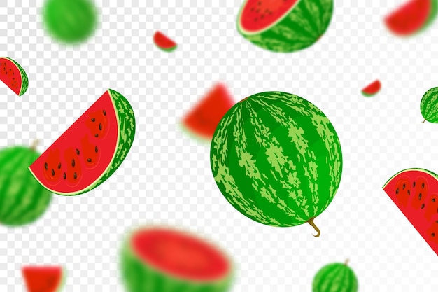 Vallende watermeloen geïsoleerd op transparante achtergrond Vliegende hele en gesneden watermeloenvruchten met wazig effect Kan worden gebruikt voor reclameverpakking banner poster print Vector plat ontwerp