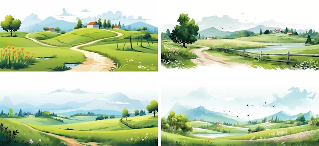 Vector valley land watercolor paint horizon graphic meadow scenery scene village drawing hill rural