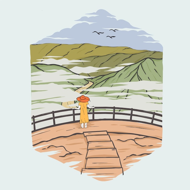 Valley and mountains landscape with tourist on foreground illustration vector