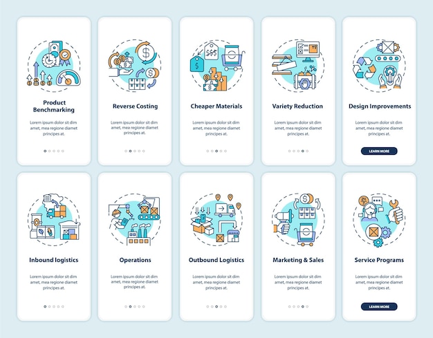개념이 설정된 가치 사슬 구성 요소 온 보딩 모바일 앱 페이지 화면. 비즈니스 프로세스 최적화 연습 5 단계 그래픽 지침. RGB 색상 삽화가있는 UI 템플릿