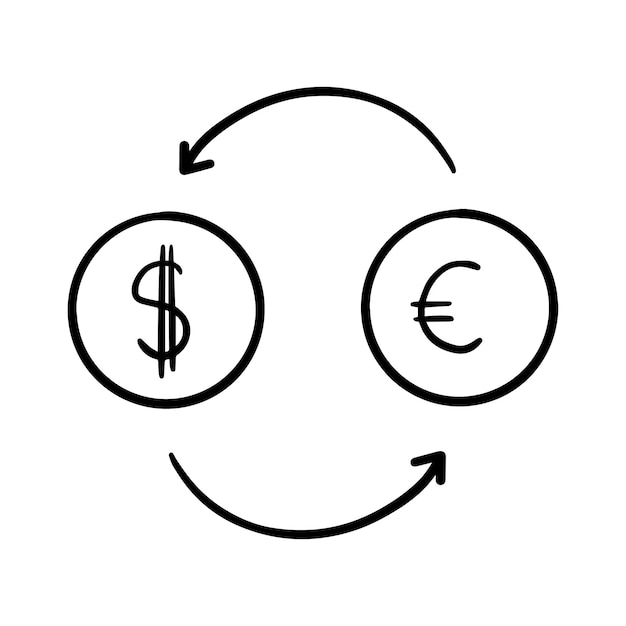 Valutawissel dollar en euro geld munt doodle lineaire cartoon kleurboek