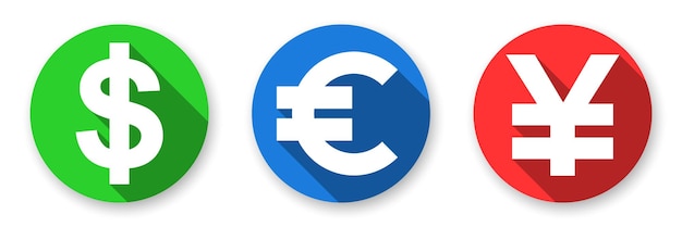 Valutawissel plat pictogrammen collectie. Set van drie iconen met pictogrammen USD, EUR en CNY.