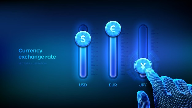 Valutawisselkoersen Financiële aandelenmarkt Fintech Wireframe-hand past een valutawisselkoers aan Mengpaneel Handelsgegevens investering geld omzetten concept Vector illustratie