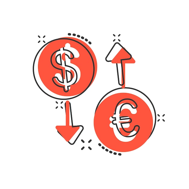 Valutawisselpictogram in komische stijl Dollar euro overdracht cartoon vectorillustratie op witte geïsoleerde achtergrond Financieel proces splash effect bedrijfsconcept