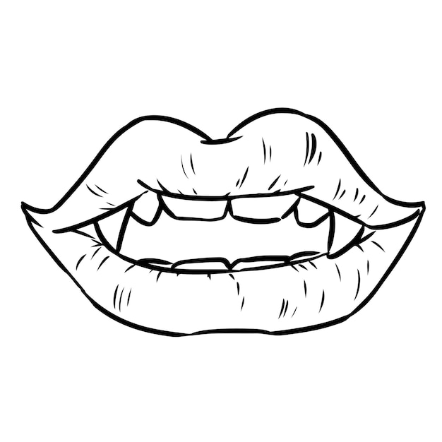 Vector vampier mond doodle open rode sexy lippen komische stijl afbeelding halloween spooky hand getekende element geïsoleerd op een witte achtergrond vector grafische afbeelding voor stickers wordt afgedrukt laser gesneden bestanden