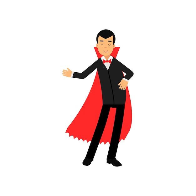 Vampierkarakter doet welkom gebaar, graaf Dracula in zwart pak en rode cape vector illustratie geïsoleerd op een witte achtergrond