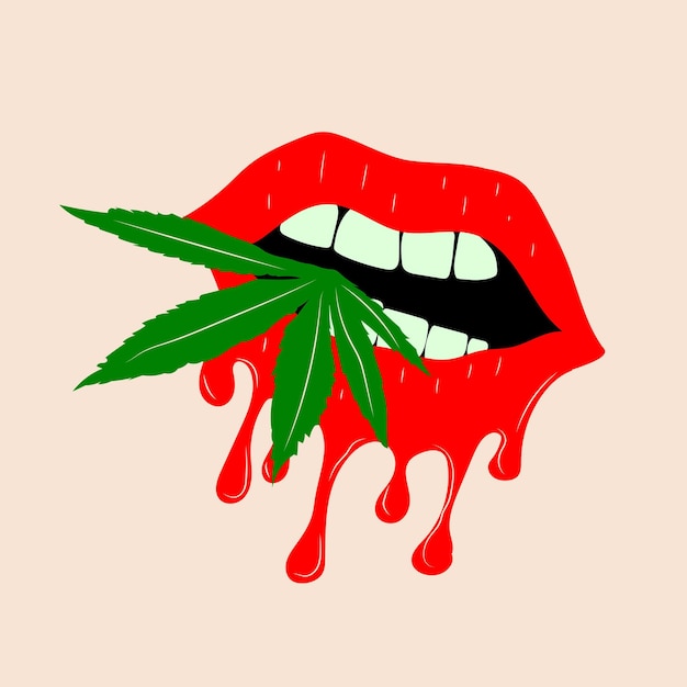 Vampiermond met een cannabisblad. geïsoleerd op achtergrond Cartoon vectorillustratie, illustraties