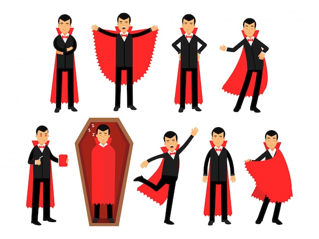 Vector vampierpersonages poseren in verschillende situaties, graaf dracula in zwart pak en rode cape-illustraties