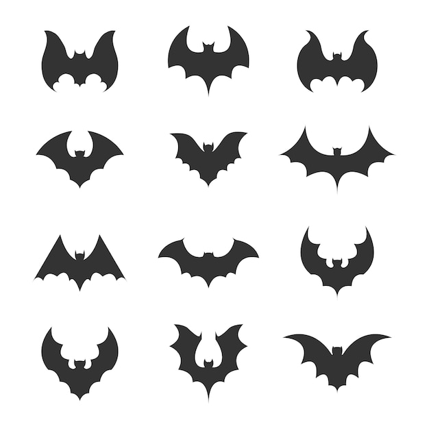 Vettore siluetta del pipistrello del vampiro su fondo bianco. set di pipistrelli