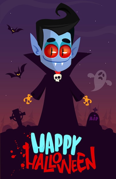 Vampire cartoon character on night cemetery background halloween illustration of funny creature package poster or greeting invitation design vector