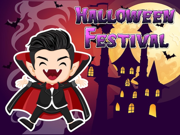 Personaggio di halloween del fumetto del vampiro con l'illustrazione di vettore degli effetti del testo del festival di halloween