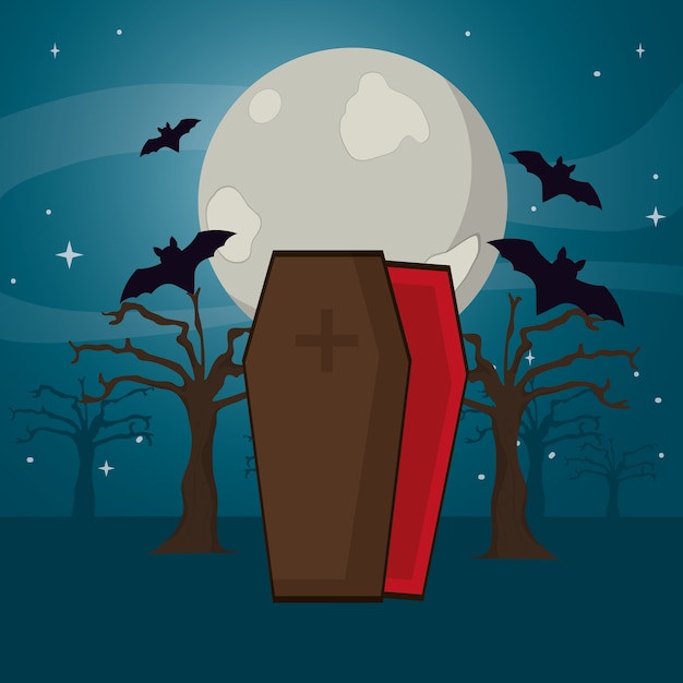 Vampire coffin and trees with bats and moon