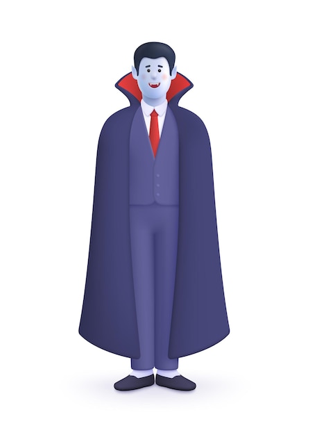 Personaggio di vampiro o dracula che indossa un costume con mantello concetto di halloween persone vettoriali 3d illustrazione del personaggio stile minimal del cartone animato