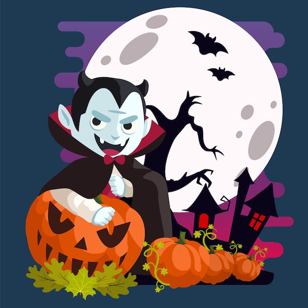 Vampiro dracula che sorride dietro la zucca nella notte