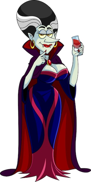 Vampire queen stripfiguur met een glas bloed vector hand getekende illustratie