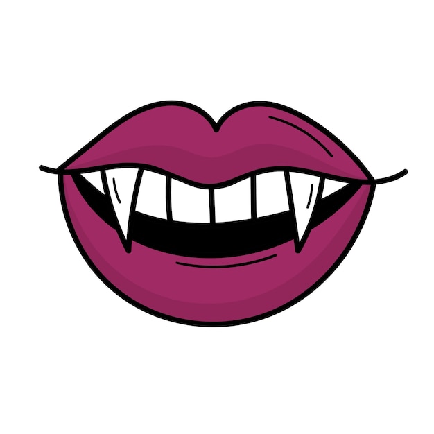 A vampire's mouth with sharp fangs. Purple lips. Doodle style illustration