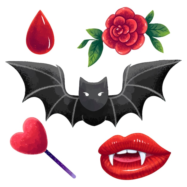 Vector vampire set of illustrations for halloween a bat, a rose, a drop of blood, lips with fangs, a lollipop heart on a stick