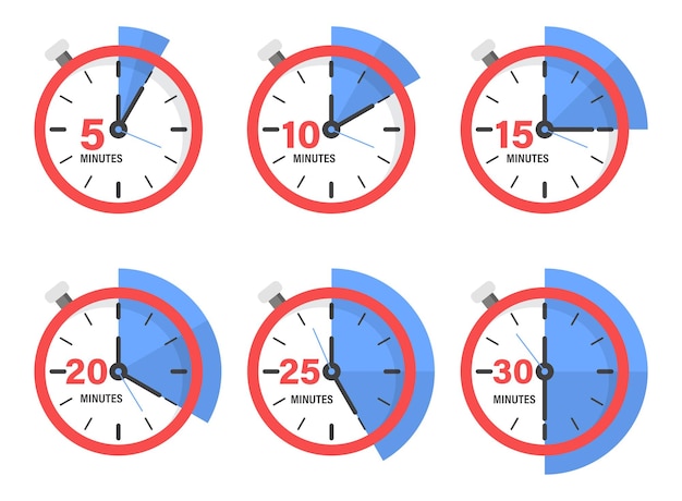 Van 5 minuten tot 30 minuten op stopwatch icoon in platte stijl klok gezicht timer vector illustratie op geïsoleerde achtergrond aftellen teken bedrijfsconcept
