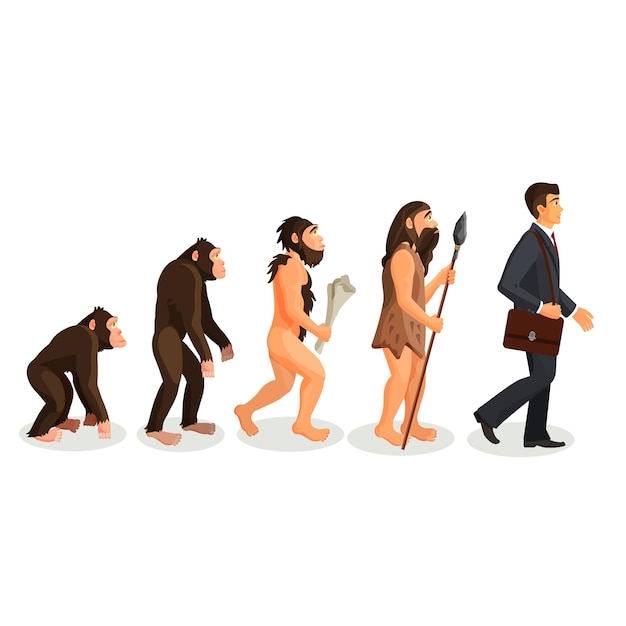 Van aap tot mens staand proces geïsoleerd. hominide primaten. homo habilis. homo erectus. homo neanderthalensis. homo sapien. illustratie van de menselijke evolutie van de oudheid tot nu.