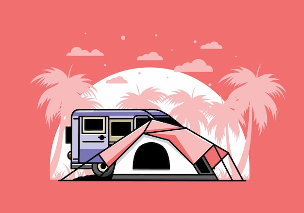 Van car and camping tent illustration design