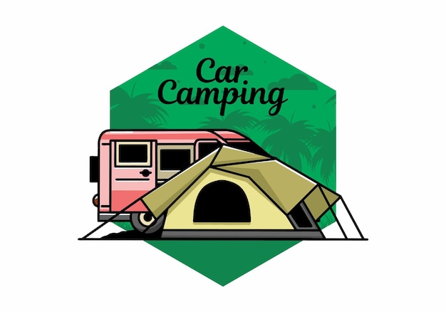 밴 자동차와 캠핑 텐트 일러스트 디자인