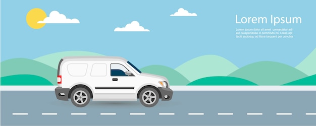 Van car free and fast delivery illustration with text template. Van riding on highway with blue sky and green hills.