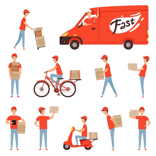 van and motorcycle with delivery boy pack