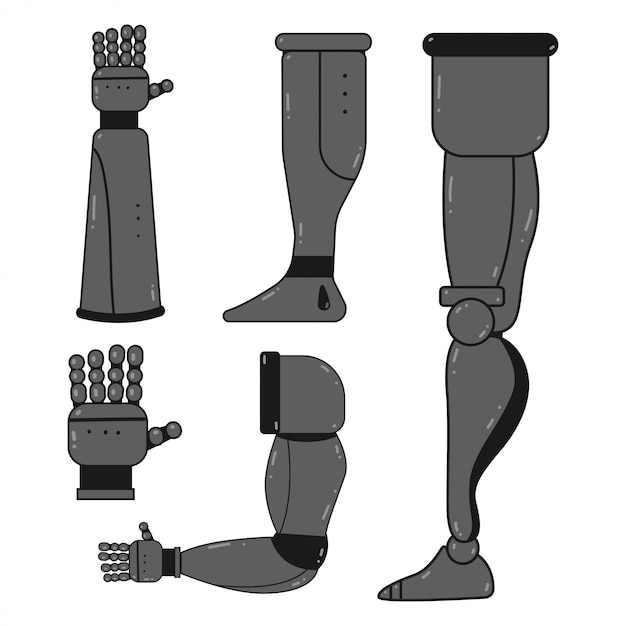 Van robothanden en benen beeldverhaalreeks op witte achtergrond wordt geïsoleerd die. Prothetiek concept illustratie.