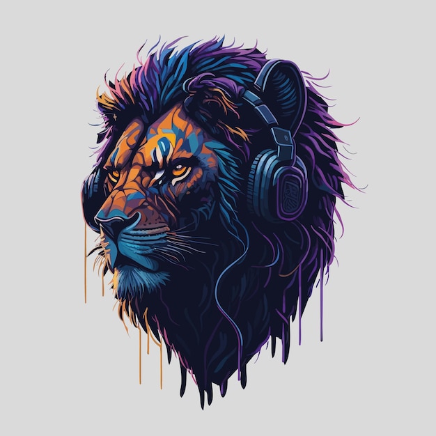 Van zijkant kleurrijke leeuw met koptelefoon