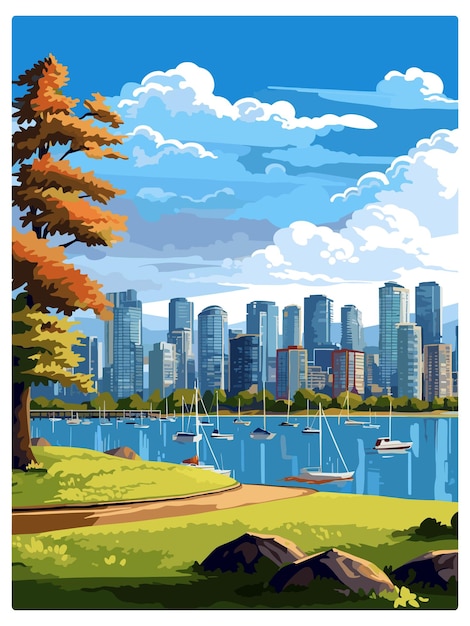 Vancouver canada vintage travel poster souvenir postcard portrait painting wpa illustration