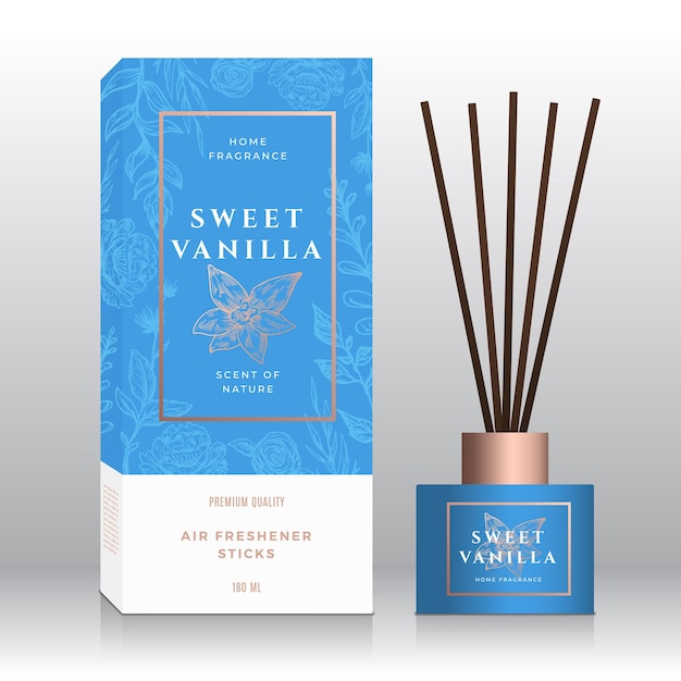 Vector vanilla home fragrance sticks abstract label box template.