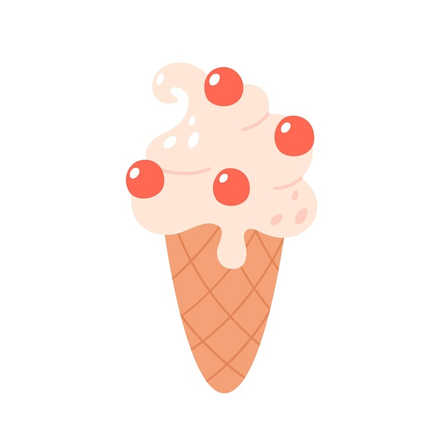 Vanilla ice cream in waffle cone with cherry Summertime hello summer