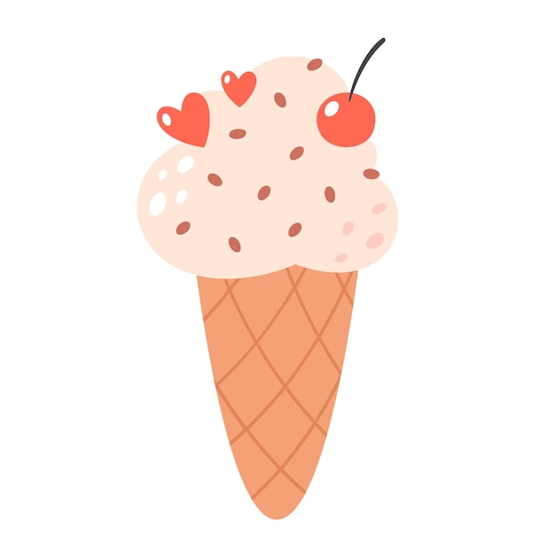 Vanilla ice cream in waffle cone with cherry summertime hello summer