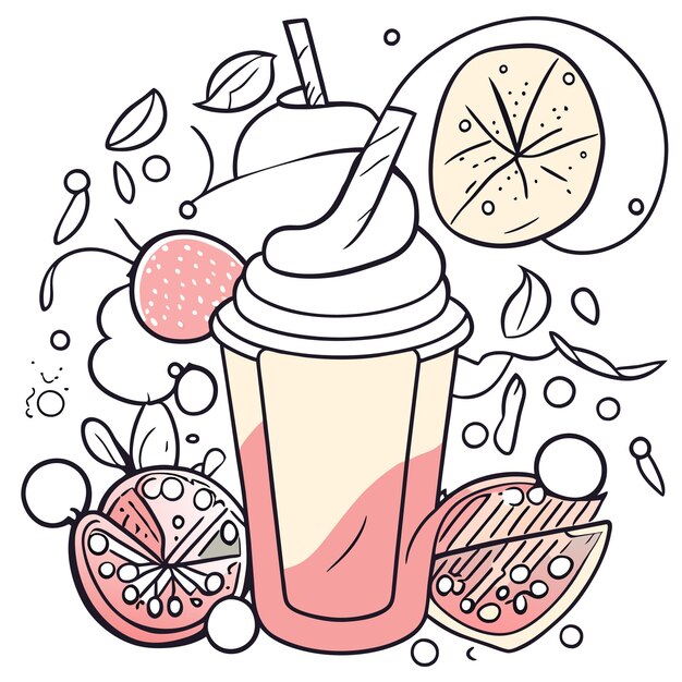 Vector vanilla ice cream with cherry in glass hand drawn flat stylish cartoon sticker