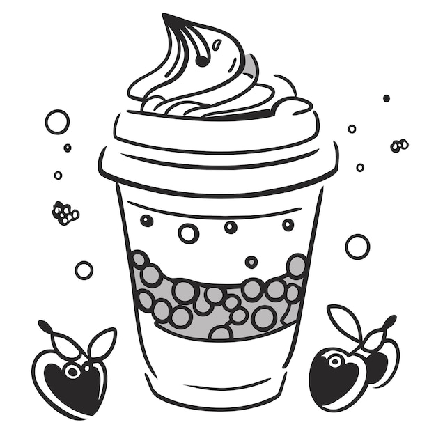 Vector vanilla ice cream with cherry in glass hand drawn flat stylish cartoon sticker