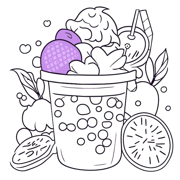 Vector vanilla ice cream with cherry in glass hand drawn flat stylish cartoon sticker