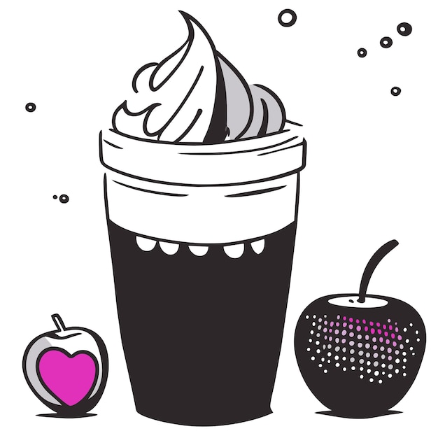 Vanilla ice cream with cherry in glass hand drawn flat stylish cartoon sticker