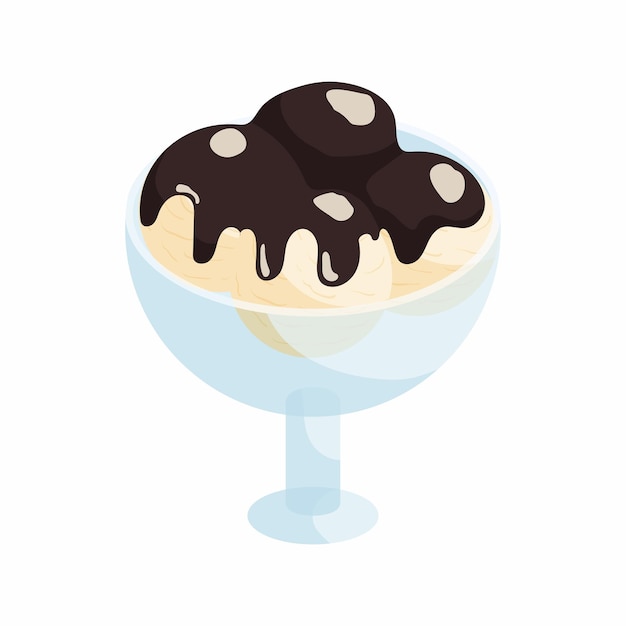 Vanille-ijs met chocoladesaus in een kom icoon in cartoon stijl op een witte achtergrond