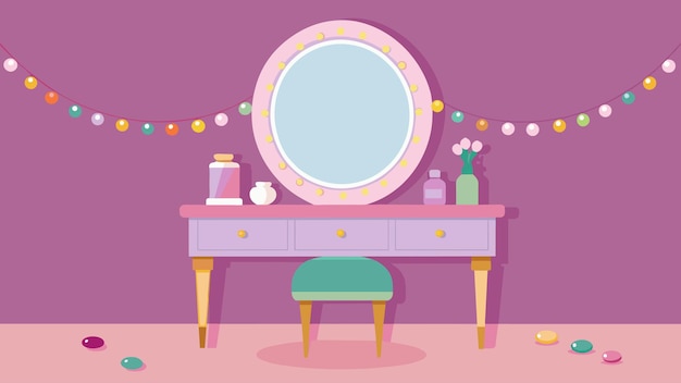 Vector a vanity table with a vintage mirror sits in the corner decorated with fairy lights and jars filled
