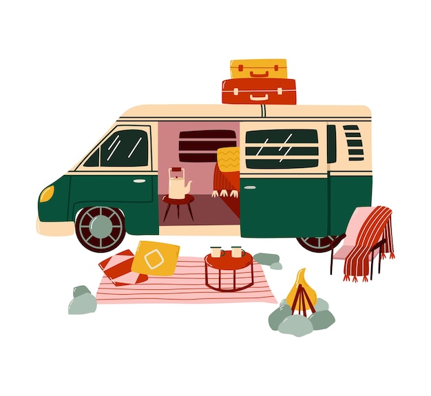 Vans trailers for summer travel tourist camp modern transport tourist by car cartoon vector