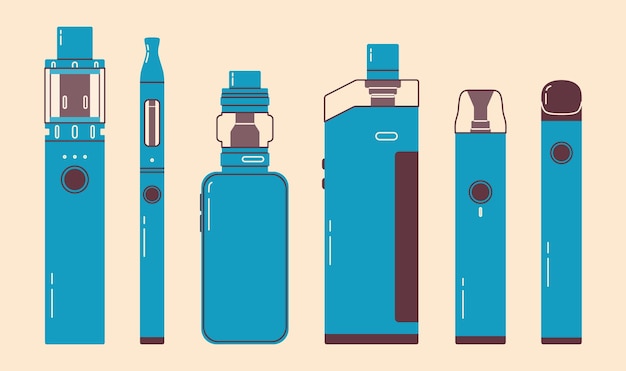 Красочный набор Vape. Электронные сигареты и вейп набор. Современная векторная иллюстрация. Разнообразие дизайна